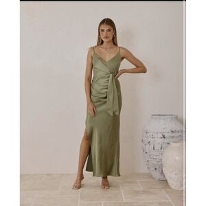 Billy J Yasmeen Tie Front Maxi Dress Size 12 Olive Green